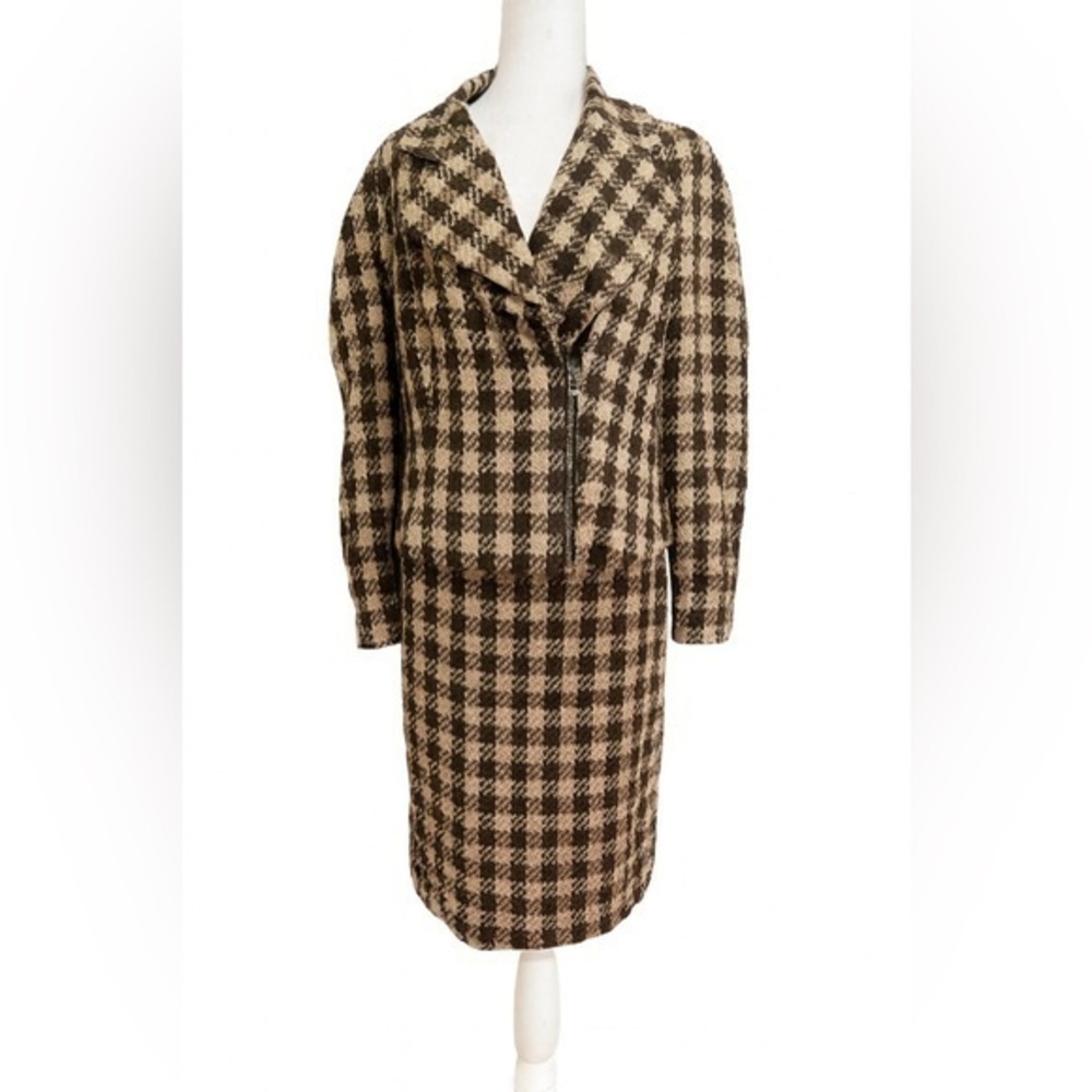 Ellen Tracy Size 6 Brown & Beige Gingham Tweed Skirt Suit Set Careerwear